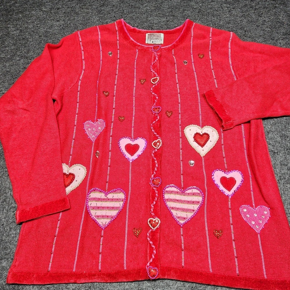 Quacker Factory Valentines Day Heart Love Romantic Cardigan Sweater Large Beaded